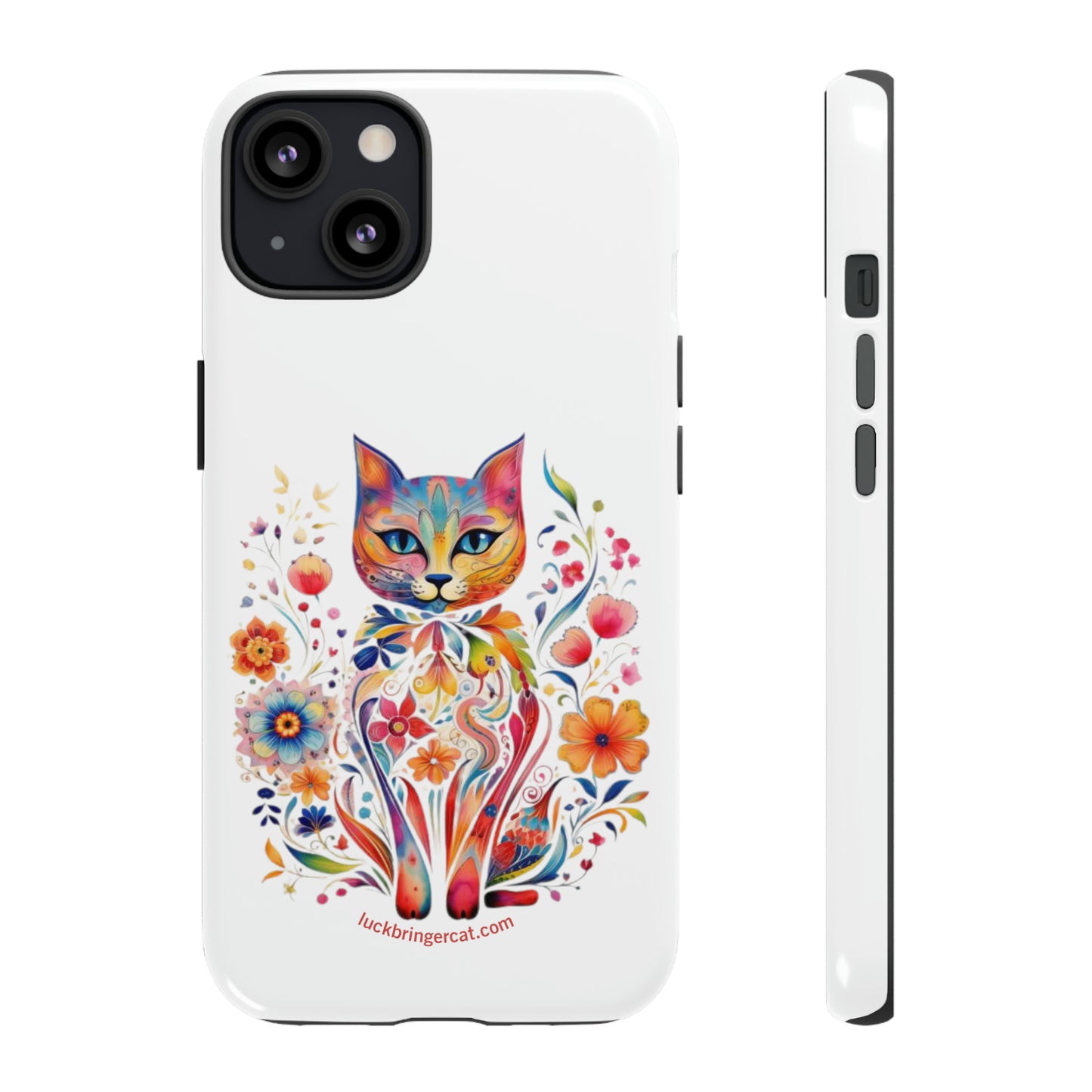 Phone Case for Cat and Flower Lovers- iPhone, Samsung Galaxy, Google Pixel- Colorful Floral Cat-White