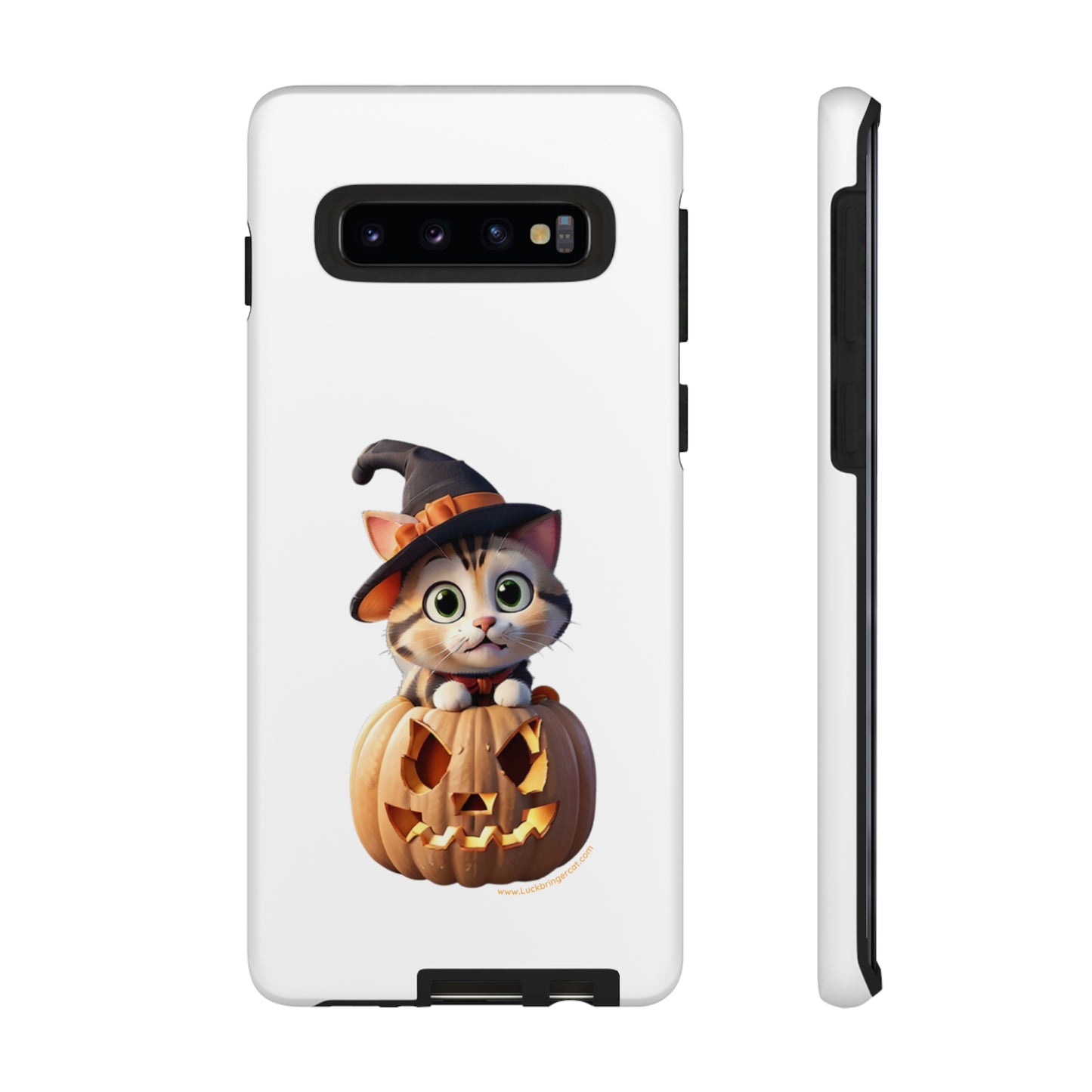 Premium-quality tough protective phone cases for iPhone and Samsung - Halloween Cat - White