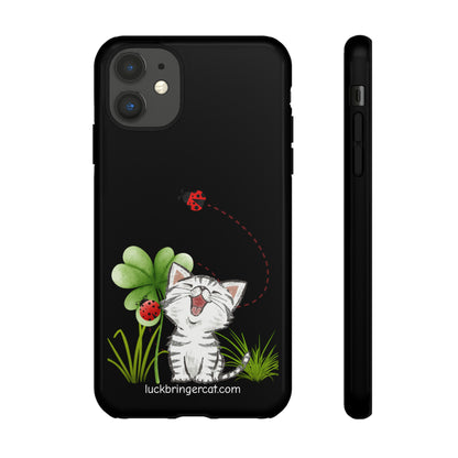 Cute Happy Cat Phone Case- iPhone, Samsung Galaxy, Google Pixel- Black- Lucky Clover Ladybug