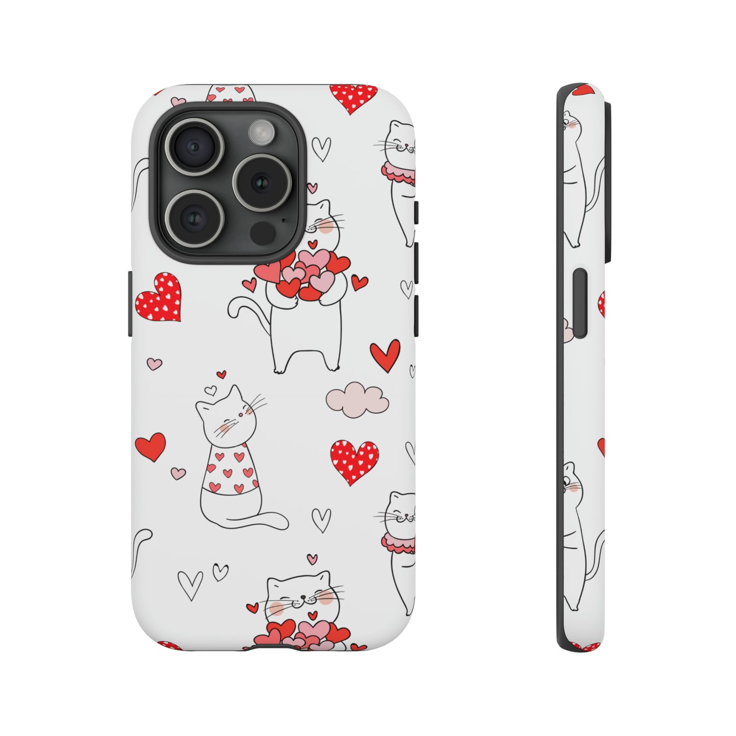 Premium-quality tough protective phone cases for iPhone, Samsung and Google - White With Cute Cartoon Cats and Red Hearts