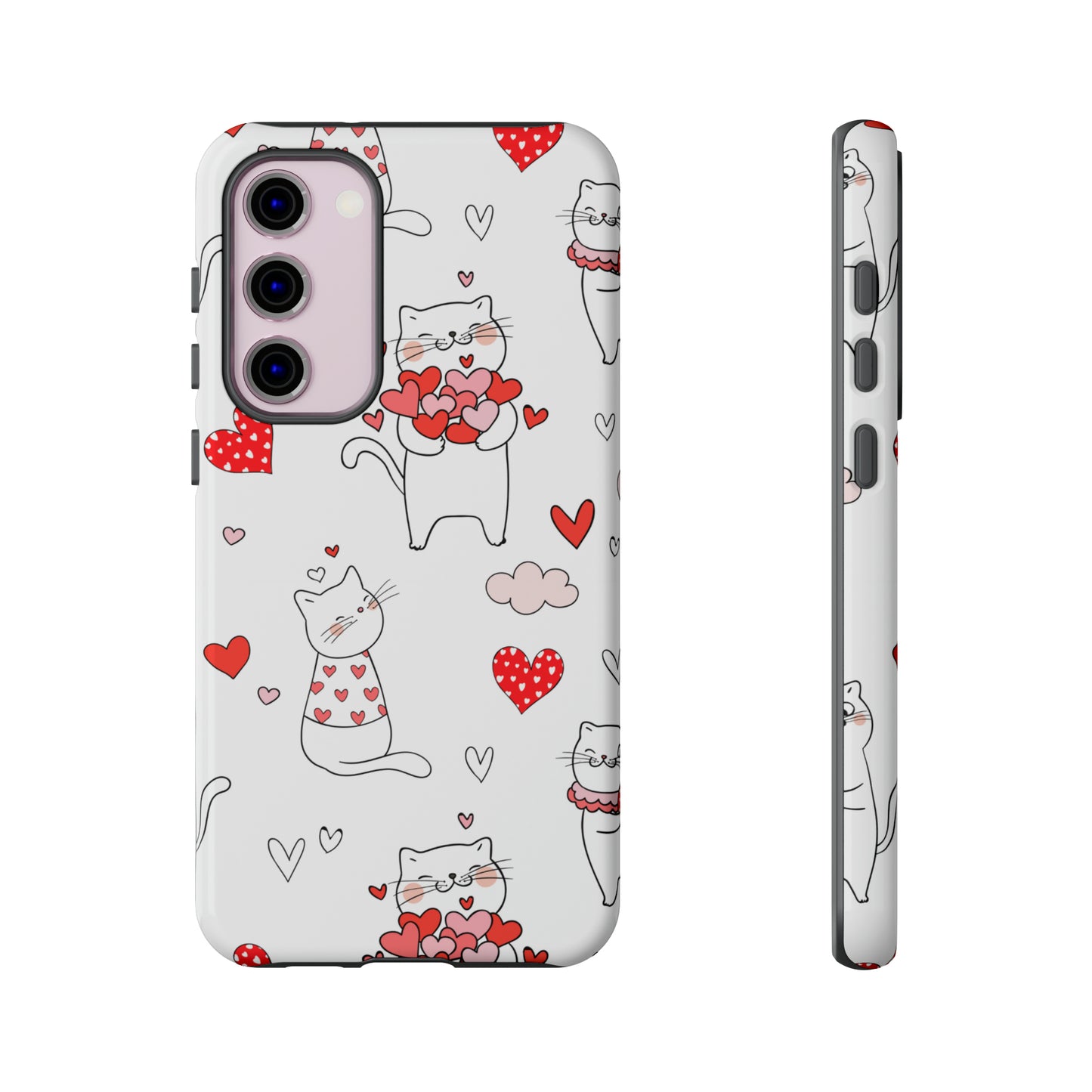 Premium-quality tough protective phone cases for iPhone, Samsung and Google - White With Cute Cartoon Cats and Red Hearts