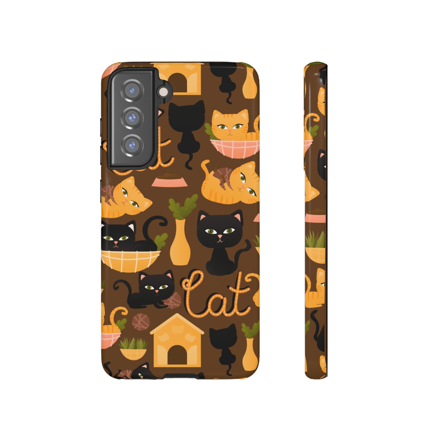 Premium-quality tough protective phone cases for iPhone, Samsung and Google - Brown With Cute Black and Orange Cats