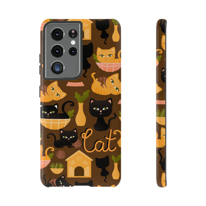 Premium-quality tough protective phone cases for iPhone, Samsung and Google - Brown With Cute Black and Orange Cats