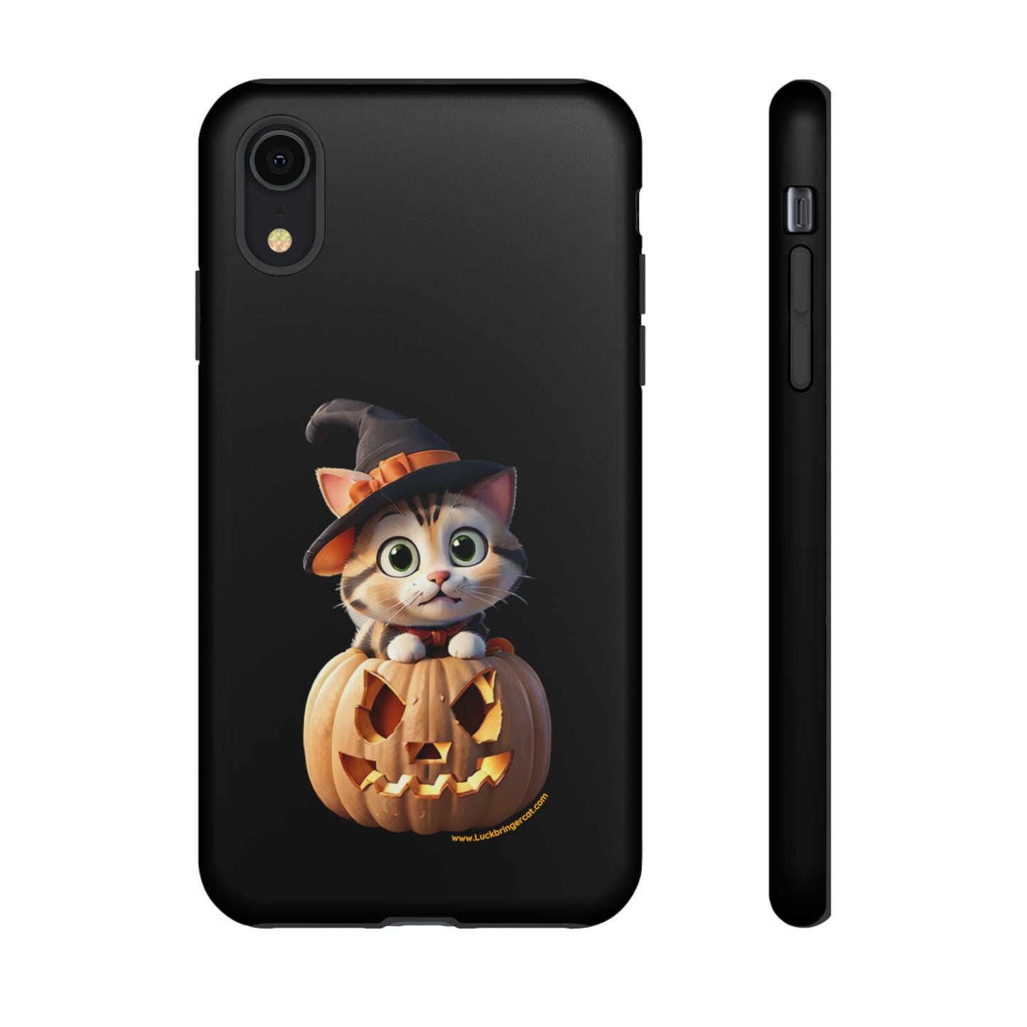 Premium-quality tough protective phone cases for iPhone and Samsung - Halloween Pumpkin Cat - Black