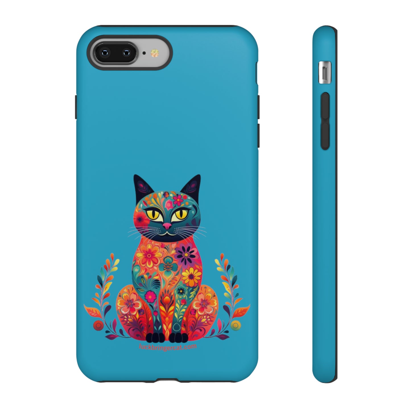 Phone Case for Cat Lovers- iPhone, Samsung Galaxy, Google Pixel- Colorful Floral Cat-Turquoise-Graphic