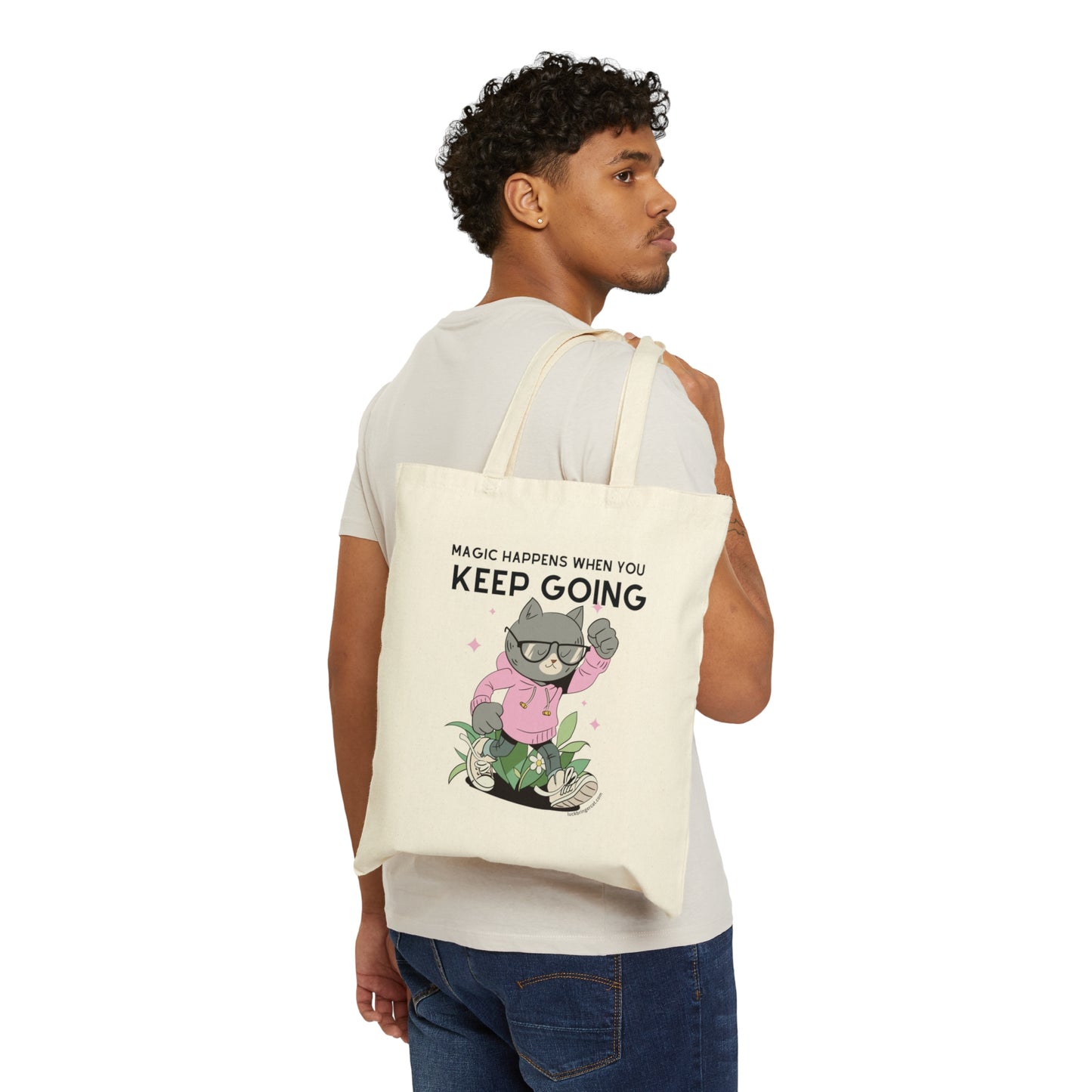 Inspirational motivational Gift for men, women, boys and girls. Cotton Tote Bag for Cat Lovers - Magic Happens When you Keep Going- a perfect gift for uni students or school students. 