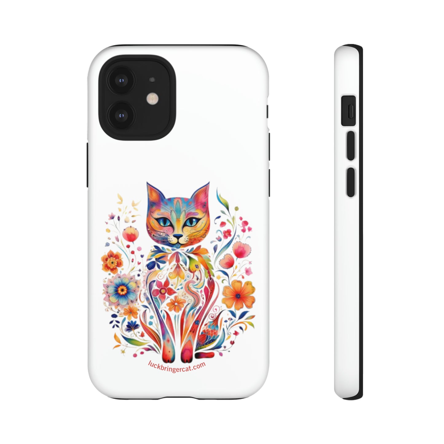 Phone Case for Cat and Flower Lovers- iPhone, Samsung Galaxy, Google Pixel- Colorful Floral Cat-White