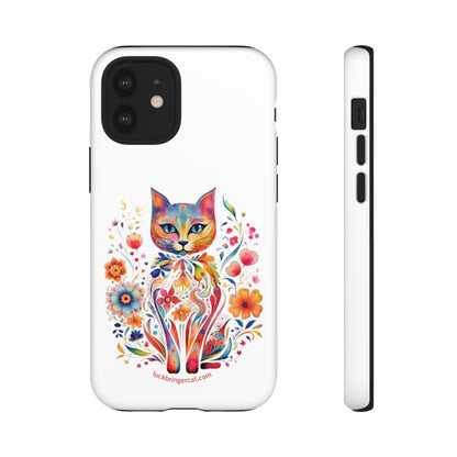 Phone Case for Cat and Flower Lovers- iPhone, Samsung Galaxy, Google Pixel- Colorful Floral Cat-White