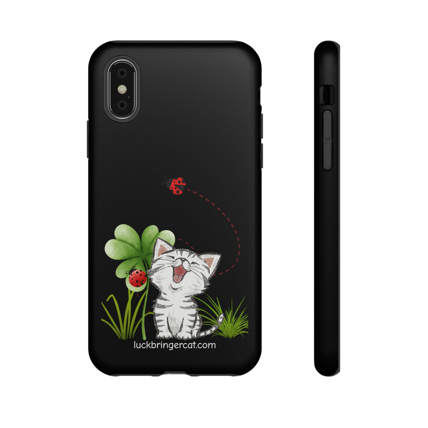 Cute Happy Cat Phone Case- iPhone, Samsung Galaxy, Google Pixel- Black- Lucky Clover Ladybug