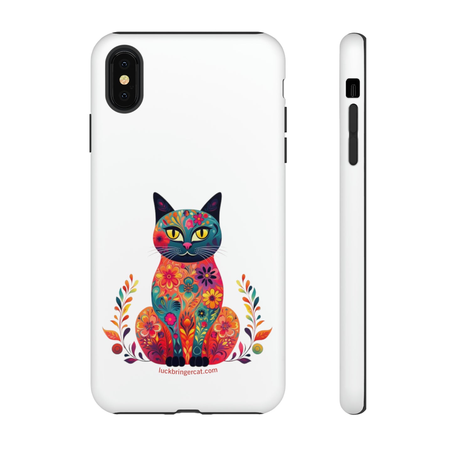 Phone Case for Cat Lovers- iPhone, Samsung Galaxy, Google Pixel- Colorful Floral Cat-White-Graphic