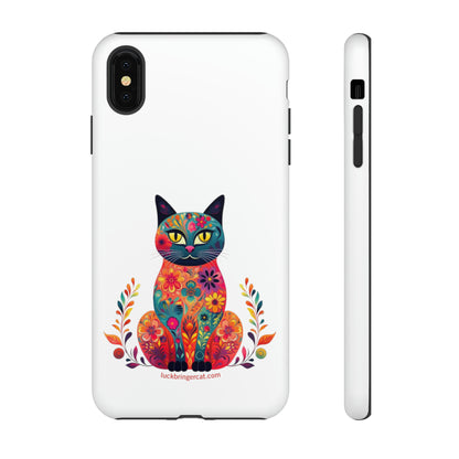 Phone Case for Cat Lovers- iPhone, Samsung Galaxy, Google Pixel- Colorful Floral Cat-White-Graphic