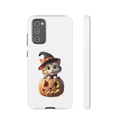 Premium-quality tough protective phone cases for iPhone and Samsung - Halloween Cat - White