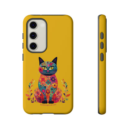 Phone Case for Cat Lovers- iPhone, Samsung Galaxy, Google Pixel- Colorful Floral Cat-Yellow-Graphic