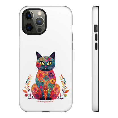 Phone Case for Cat Lovers- iPhone, Samsung Galaxy, Google Pixel- Colorful Floral Cat-White-Graphic