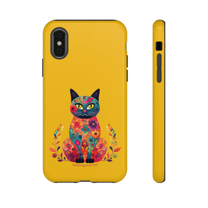 Phone Case for Cat Lovers- iPhone, Samsung Galaxy, Google Pixel- Colorful Floral Cat-Yellow-Graphic