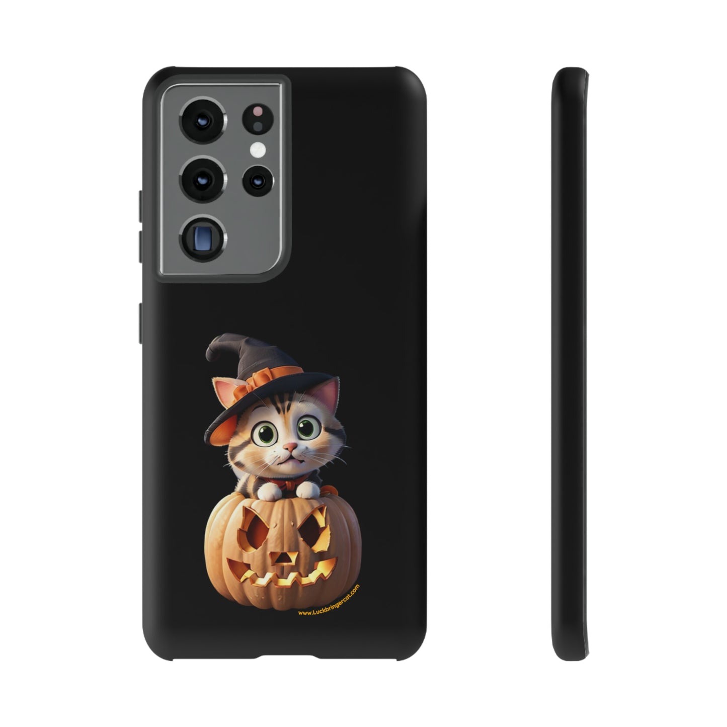 Premium-quality tough protective phone cases for iPhone and Samsung - Halloween Pumpkin Cat - Black