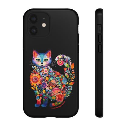 Floral Cat Lovers Phone case- iPhone, Samsung Galaxy, Google Pixel- Black-Tough-Premium Quality