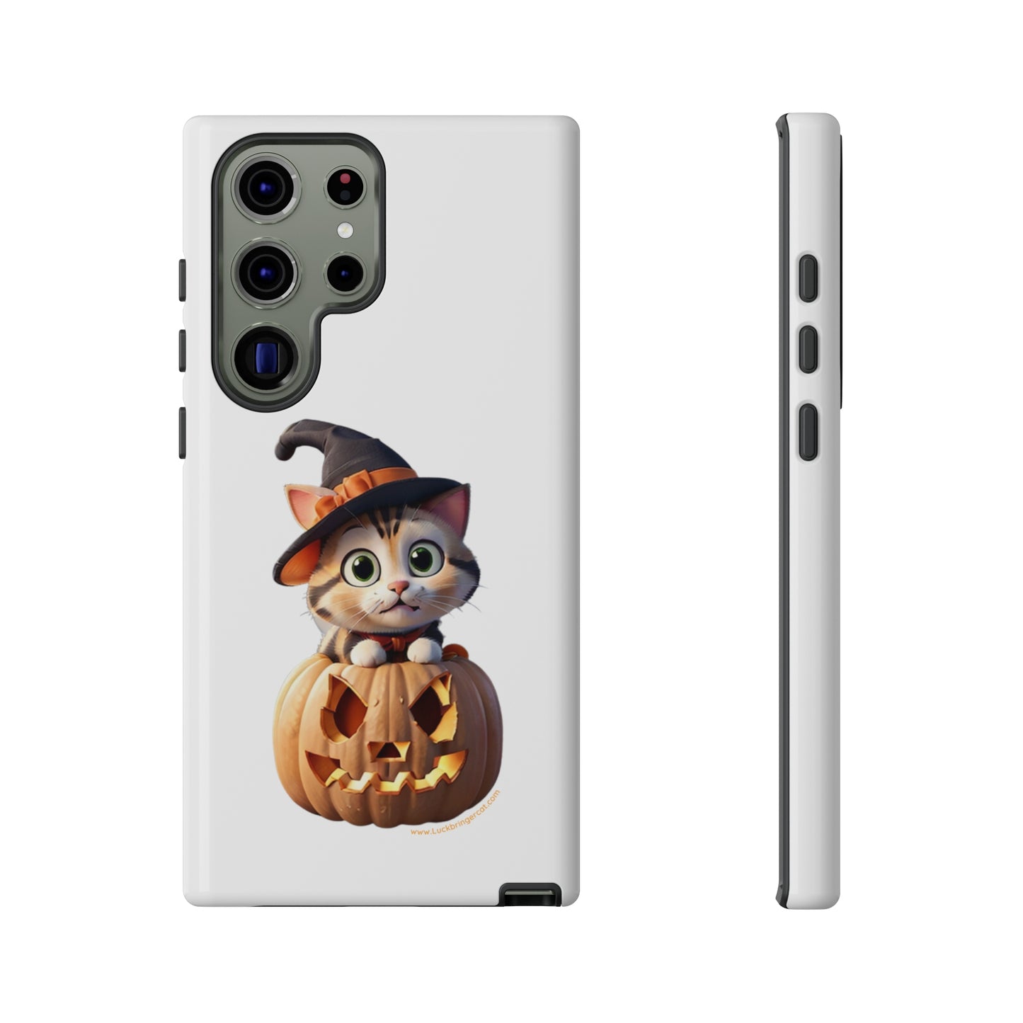 Premium-quality tough protective phone cases for iPhone and Samsung - Halloween Cat - White