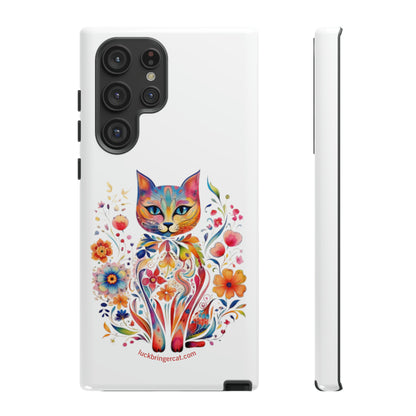 Phone Case for Cat and Flower Lovers- iPhone, Samsung Galaxy, Google Pixel- Colorful Floral Cat-White