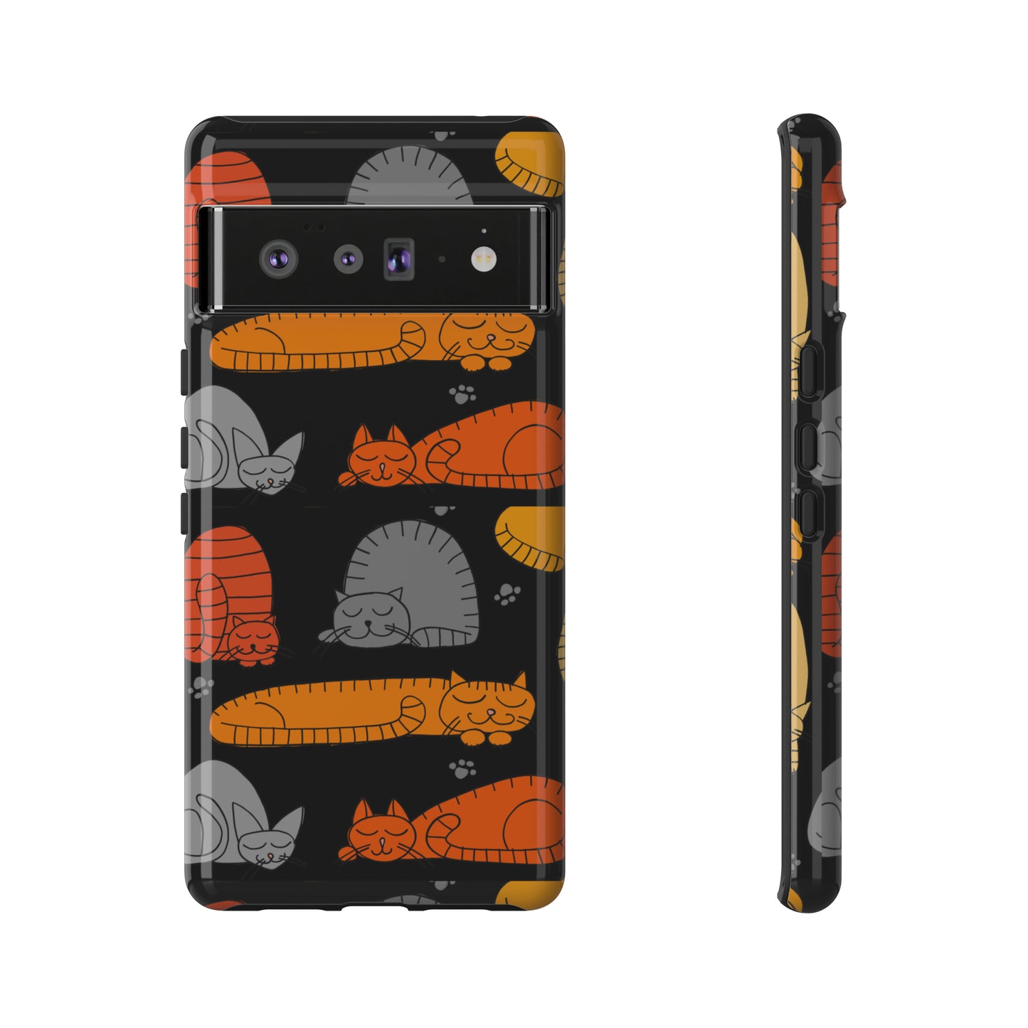 Black Phone Case with Cute Colorful Sleeping Cats -Google Pixel 7, Google Pixel 6 Pro, Google Pixel 6, Google Pixel 5 5G- gift for cat kitten lovers- cat mom gift-cat mum gift -cat dad gift