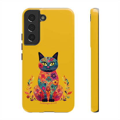 Phone Case for Cat Lovers- iPhone, Samsung Galaxy, Google Pixel- Colorful Floral Cat-Yellow-Graphic