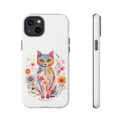 Phone Case for Cat and Flower Lovers- iPhone, Samsung Galaxy, Google Pixel- Colorful Floral Cat-White