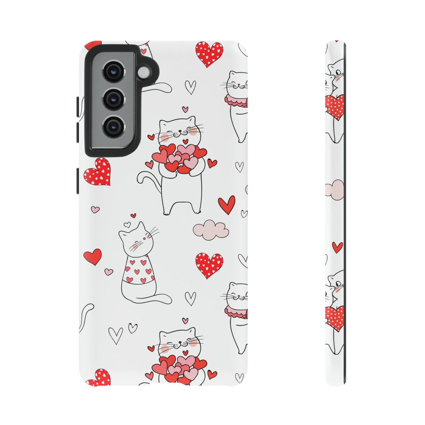 Premium-quality tough protective phone cases for iPhone, Samsung and Google - White With Cute Cartoon Cats and Red Hearts