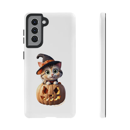 Premium-quality tough protective phone cases for iPhone and Samsung - Halloween Cat - White