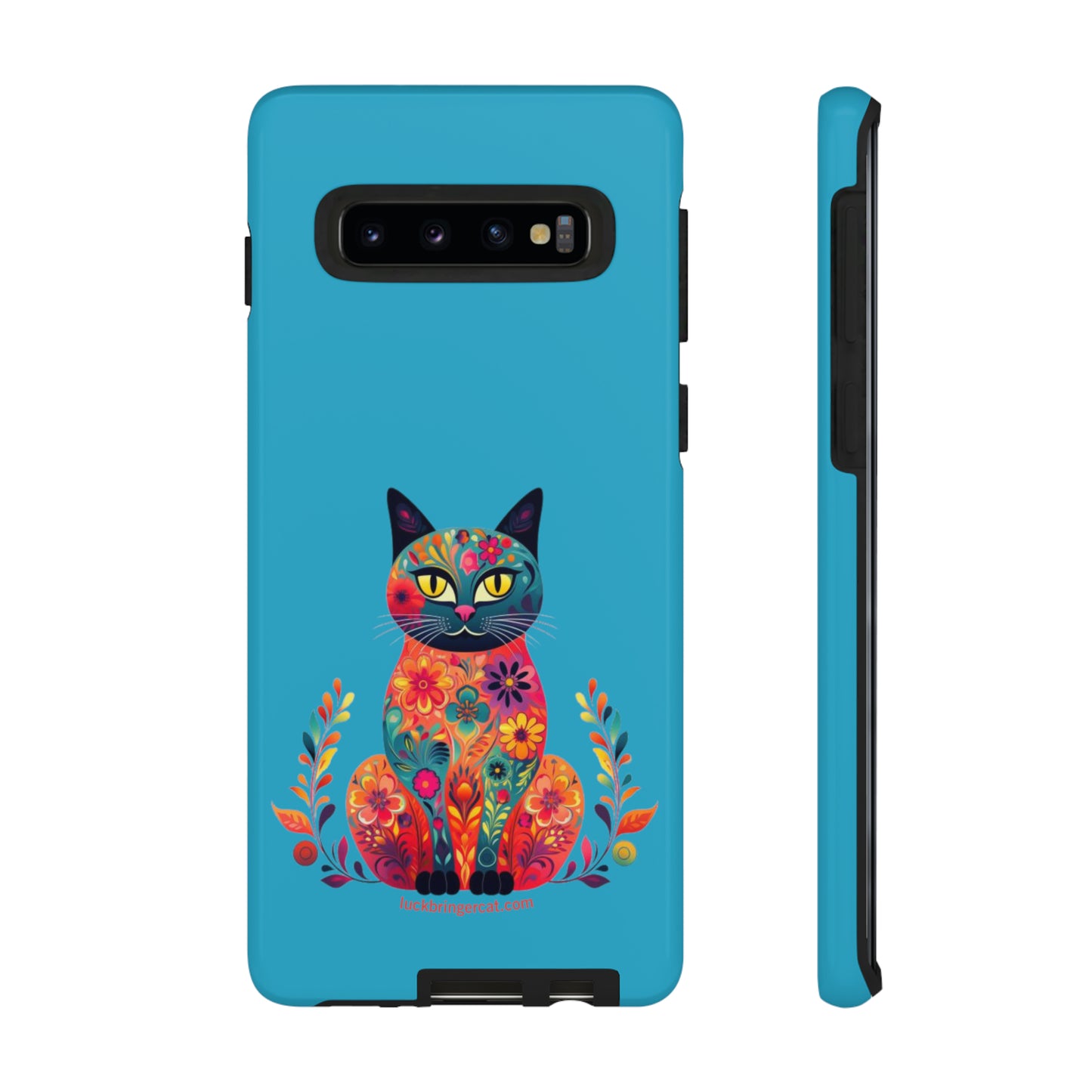 Phone Case for Cat Lovers- iPhone, Samsung Galaxy, Google Pixel- Colorful Floral Cat-Turquoise-Graphic