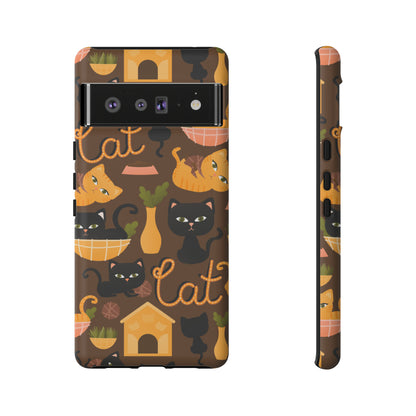 Premium-quality tough protective phone cases for iPhone, Samsung and Google - Brown With Cute Black and Orange Cats