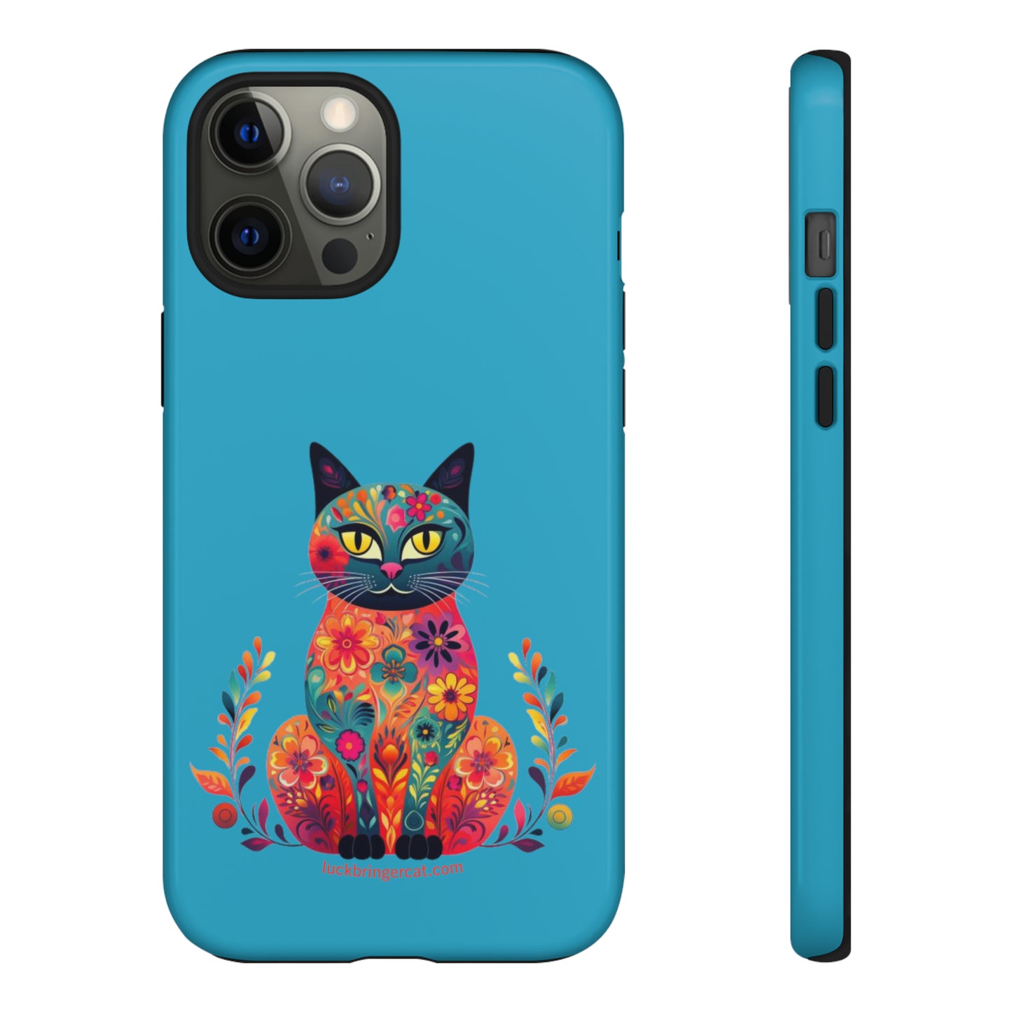 Phone Case for Cat Lovers- iPhone, Samsung Galaxy, Google Pixel- Colorful Floral Cat-Turquoise-Graphic