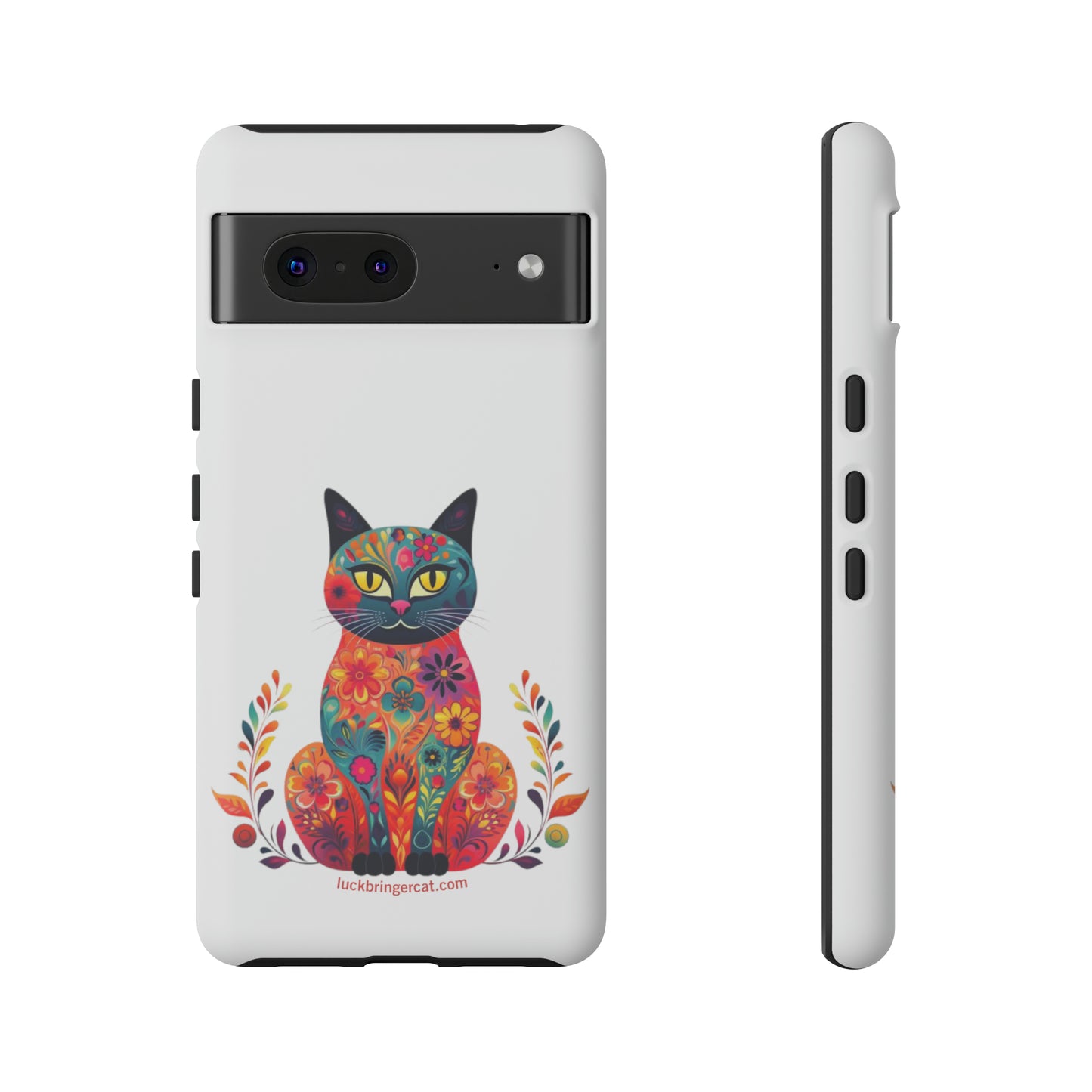 Phone Case for Cat Lovers- iPhone, Samsung Galaxy, Google Pixel- Colorful Floral Cat-White-Graphic