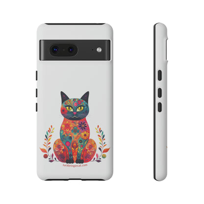 Phone Case for Cat Lovers- iPhone, Samsung Galaxy, Google Pixel- Colorful Floral Cat-White-Graphic