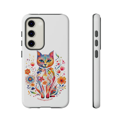 Phone Case for Cat and Flower Lovers- iPhone, Samsung Galaxy, Google Pixel- Colorful Floral Cat-White