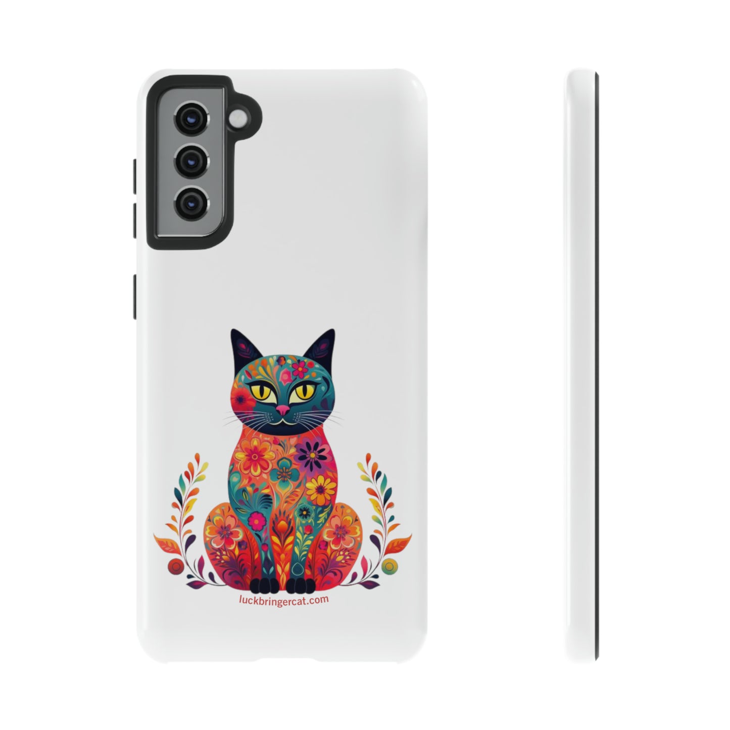 Phone Case for Cat Lovers- iPhone, Samsung Galaxy, Google Pixel- Colorful Floral Cat-White-Graphic