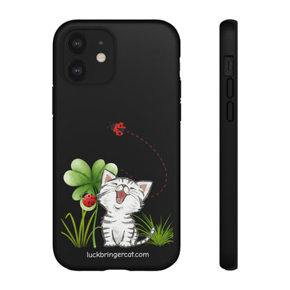 Cute Happy Cat Phone Case- iPhone, Samsung Galaxy, Google Pixel- Black- Lucky Clover Ladybug