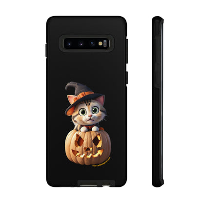 Premium-quality tough protective phone cases for iPhone and Samsung - Halloween Pumpkin Cat - Black