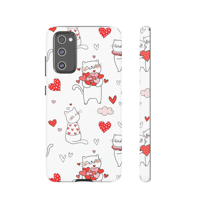 Premium-quality tough protective phone cases for iPhone, Samsung and Google - White With Cute Cartoon Cats and Red Hearts