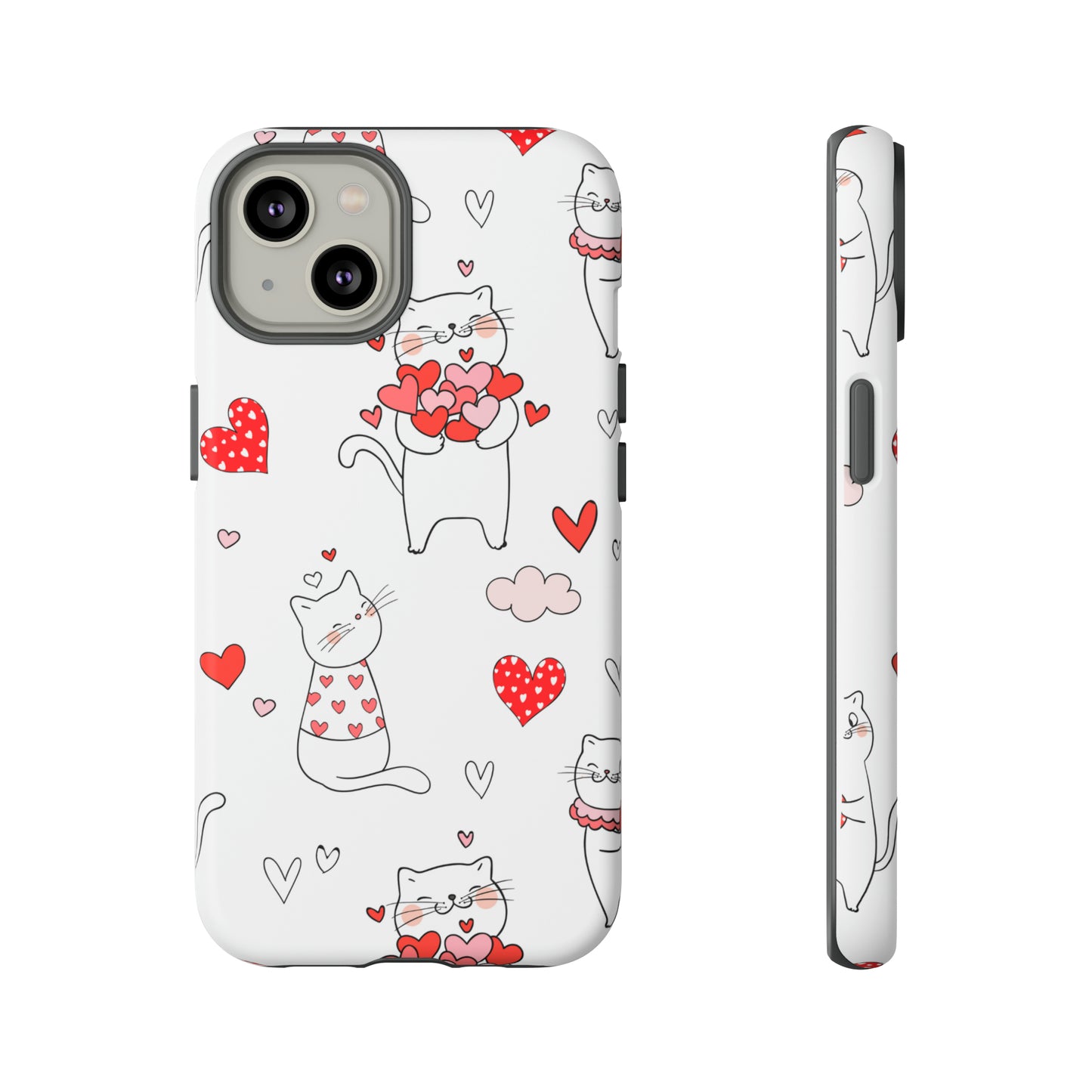 Premium-quality tough protective phone cases for iPhone, Samsung and Google - White With Cute Cartoon Cats and Red Hearts