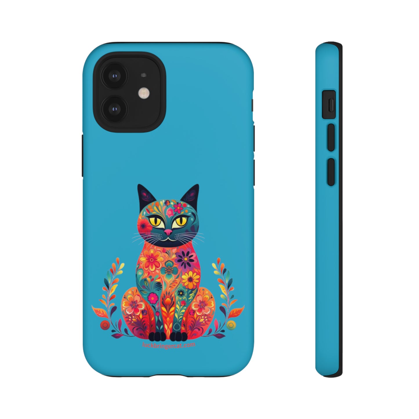 Phone Case for Cat Lovers- iPhone, Samsung Galaxy, Google Pixel- Colorful Floral Cat-Turquoise-Graphic