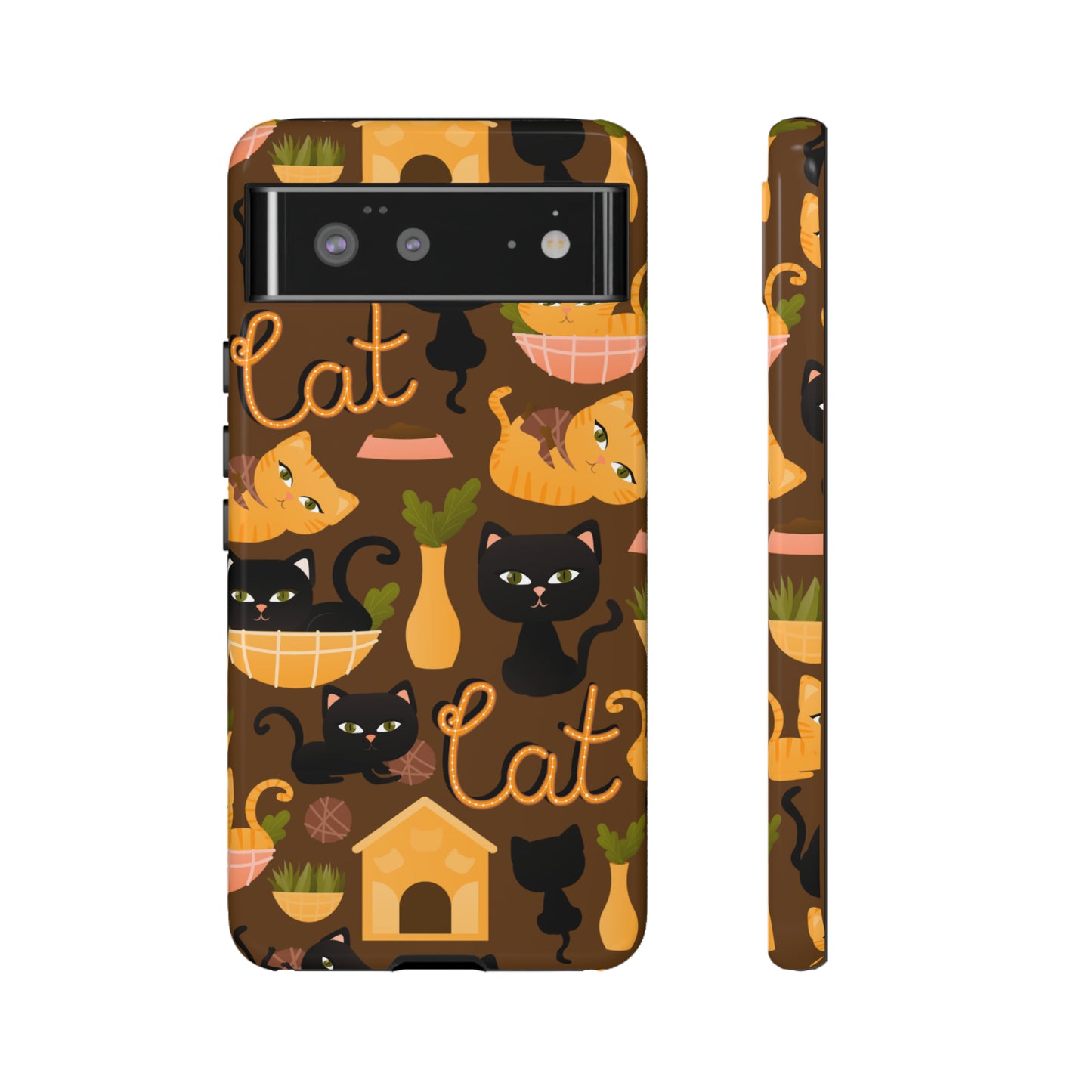 Premium-quality tough protective phone cases for iPhone, Samsung and Google - Brown With Cute Black and Orange Cats