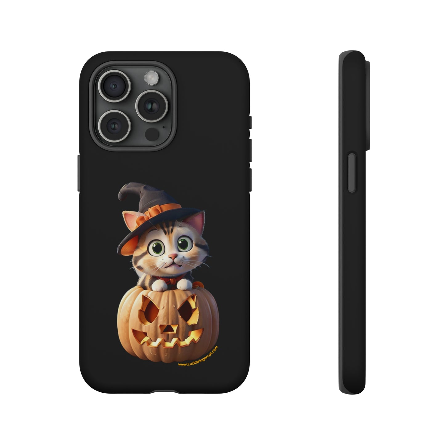 Premium-quality tough protective phone cases for iPhone and Samsung - Halloween Pumpkin Cat - Black