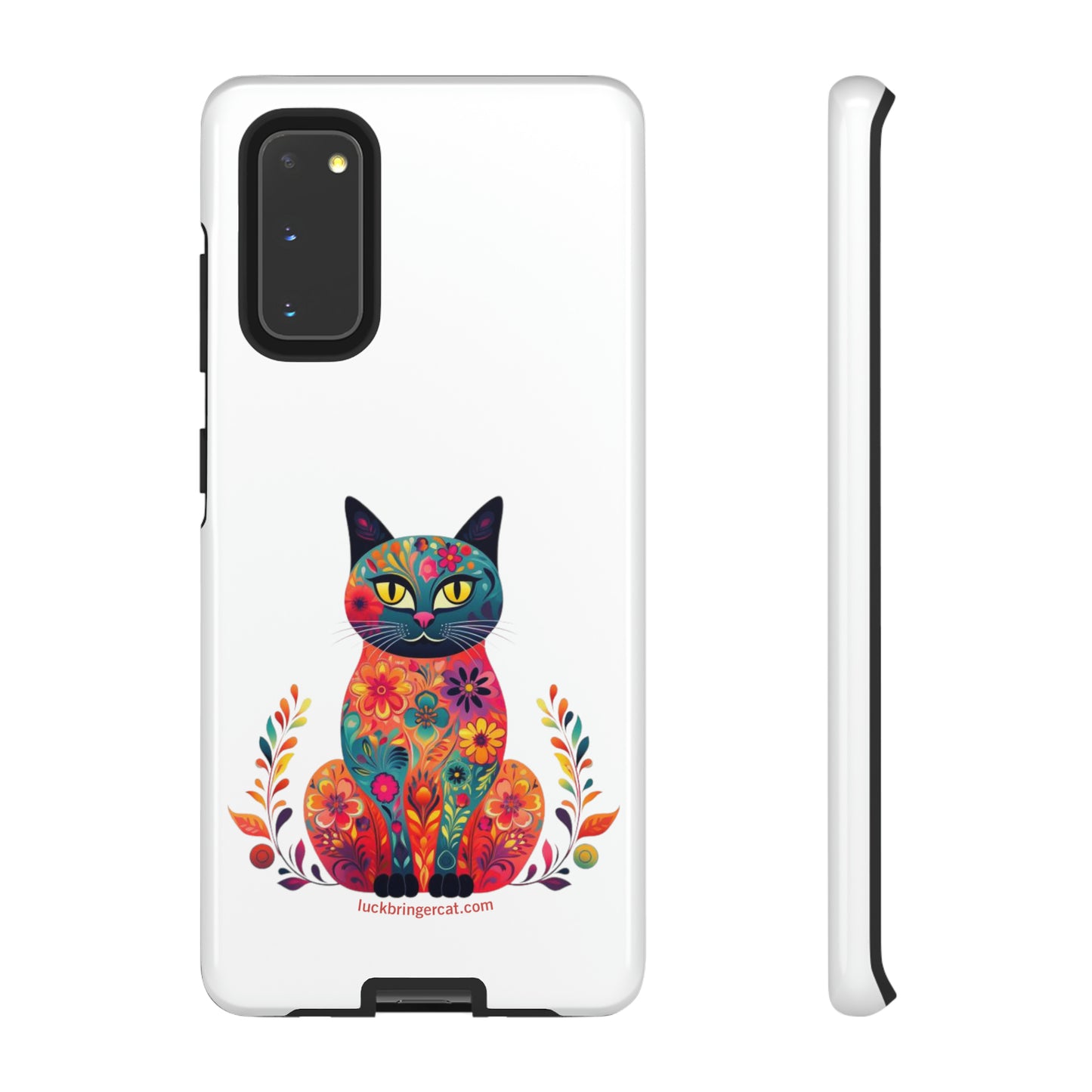 Phone Case for Cat Lovers- iPhone, Samsung Galaxy, Google Pixel- Colorful Floral Cat-White-Graphic