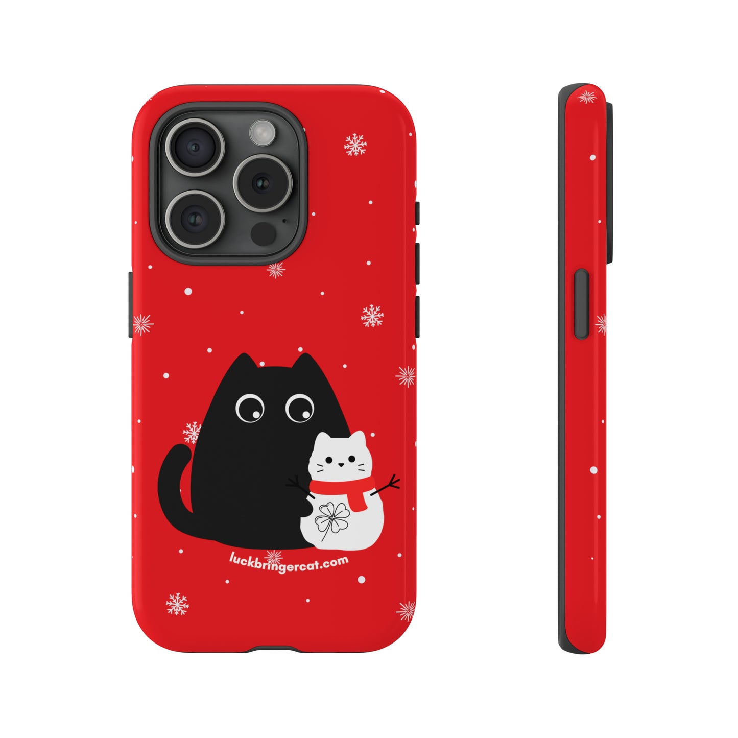 Cat Lovers Red Phone Case with Cute Black cat and snowman - Christmas gift for cat lovers -  iPhone 15 Plus, iPhone 15 Pro, iPhone 15 Pro Max, iPhone 14 Plus, iPhone 14 Pro, iPhone 14 Pro Max, iPhone 13 mini, iPhone 13 Pro, iPhone 13 Pro Max, iPhone 12 mini, iPhone 12 Pro, iPhone 12 Pro Max, iPhone 11 Pro, iPhone 11 Pro Max, iPhone X, iPhone XR, iPhone XS, iPhone XS Max, iPhone 8, iPhone 8 Plus - Christmassy Red 