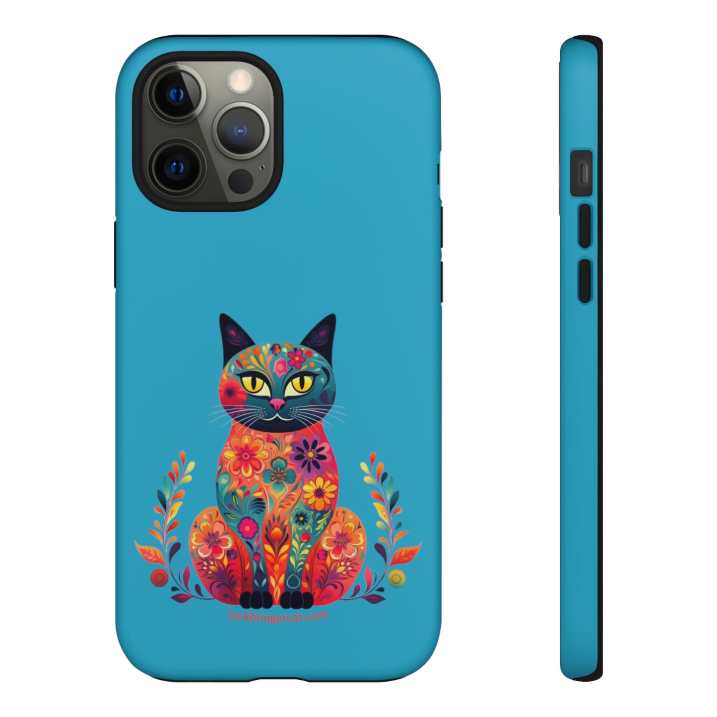 Phone Case for Cat Lovers- iPhone, Samsung Galaxy, Google Pixel- Colorful Floral Cat-Turquoise-Graphic