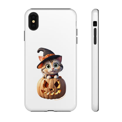 Premium-quality tough protective phone cases for iPhone and Samsung - Halloween Cat - White