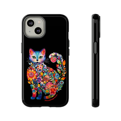 Floral Cat Lovers Phone case- iPhone, Samsung Galaxy, Google Pixel- Black-Tough-Premium Quality