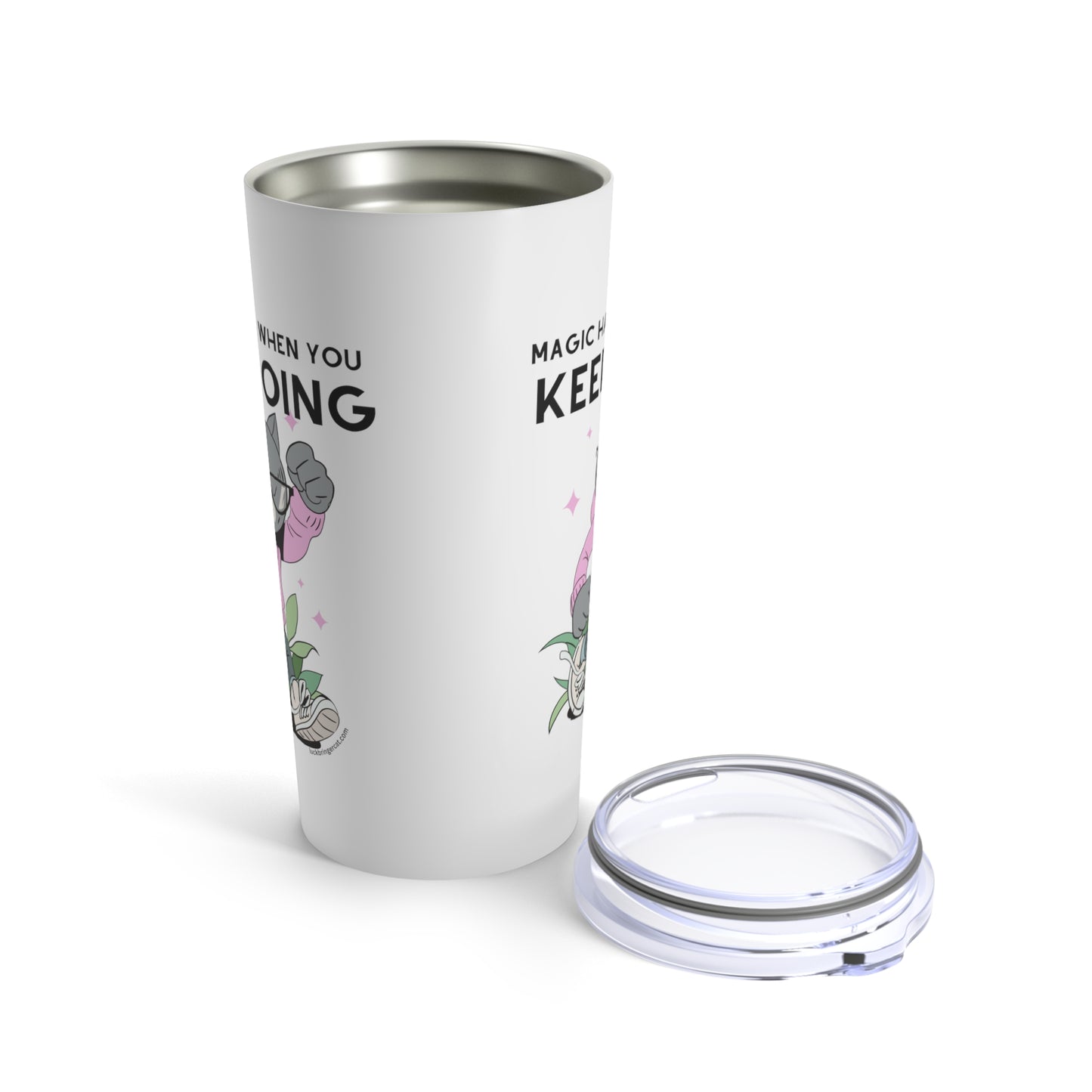 Cat Lovers Inspirational Insulated Travel Cup - White Tumbler - Magic Happens When you Keep Going