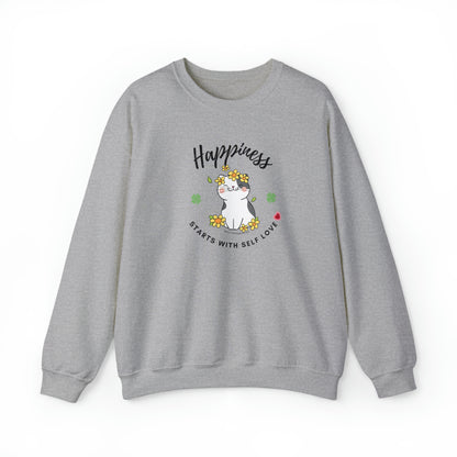 Selflove Sweatshirt With Happy Cute Cat- Happiness Starts With Self Love Shirt