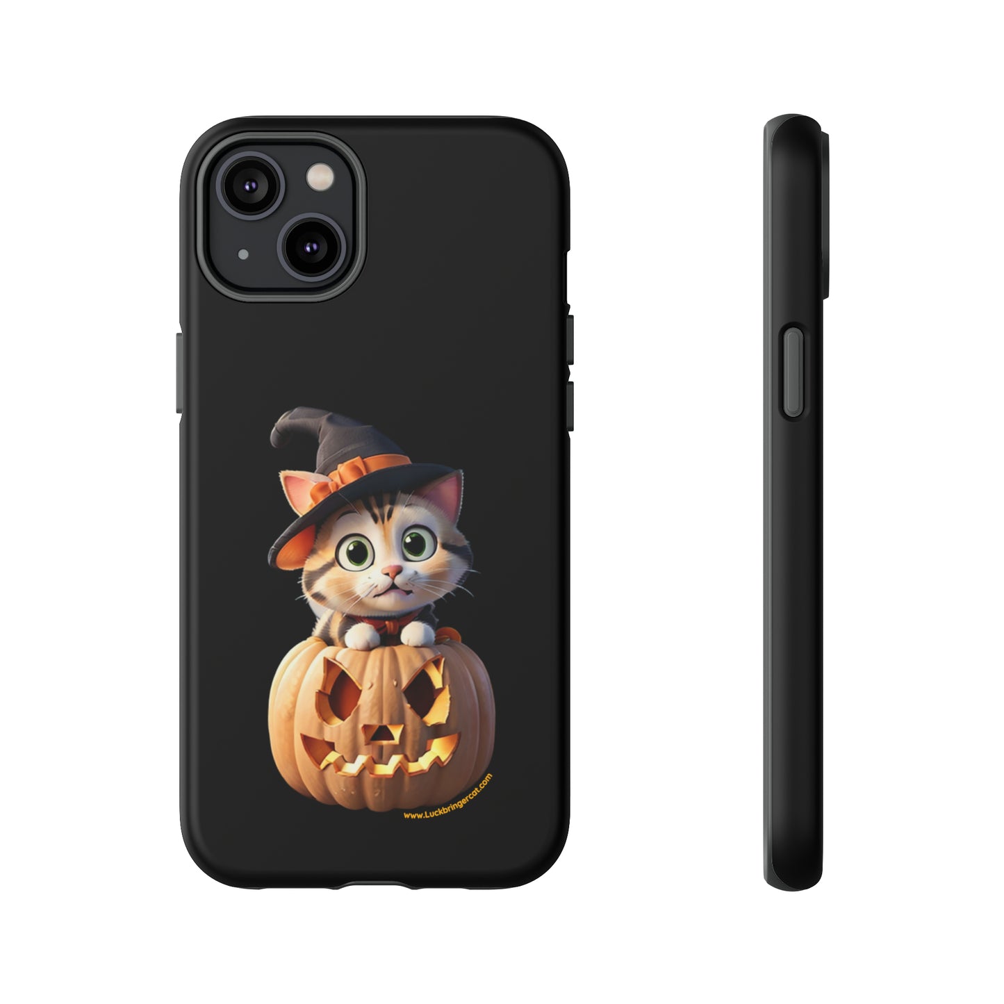 Premium-quality tough protective phone cases for iPhone and Samsung - Halloween Pumpkin Cat - Black